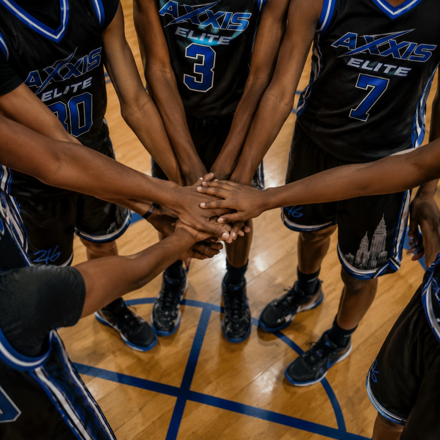 Axxis players joining hands in a team circle