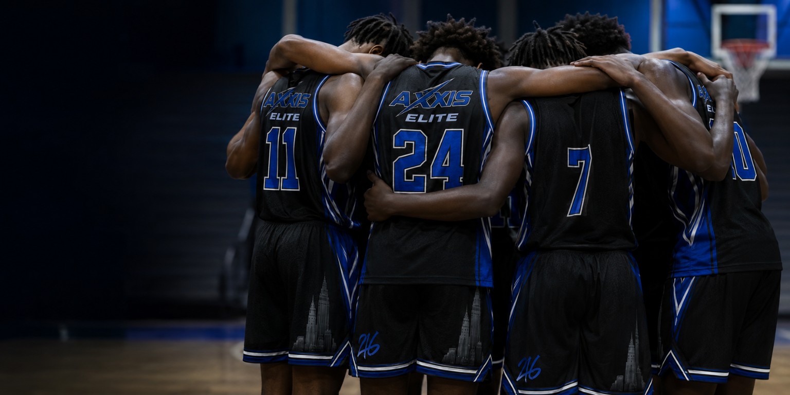 Axxis players together in a team huddle